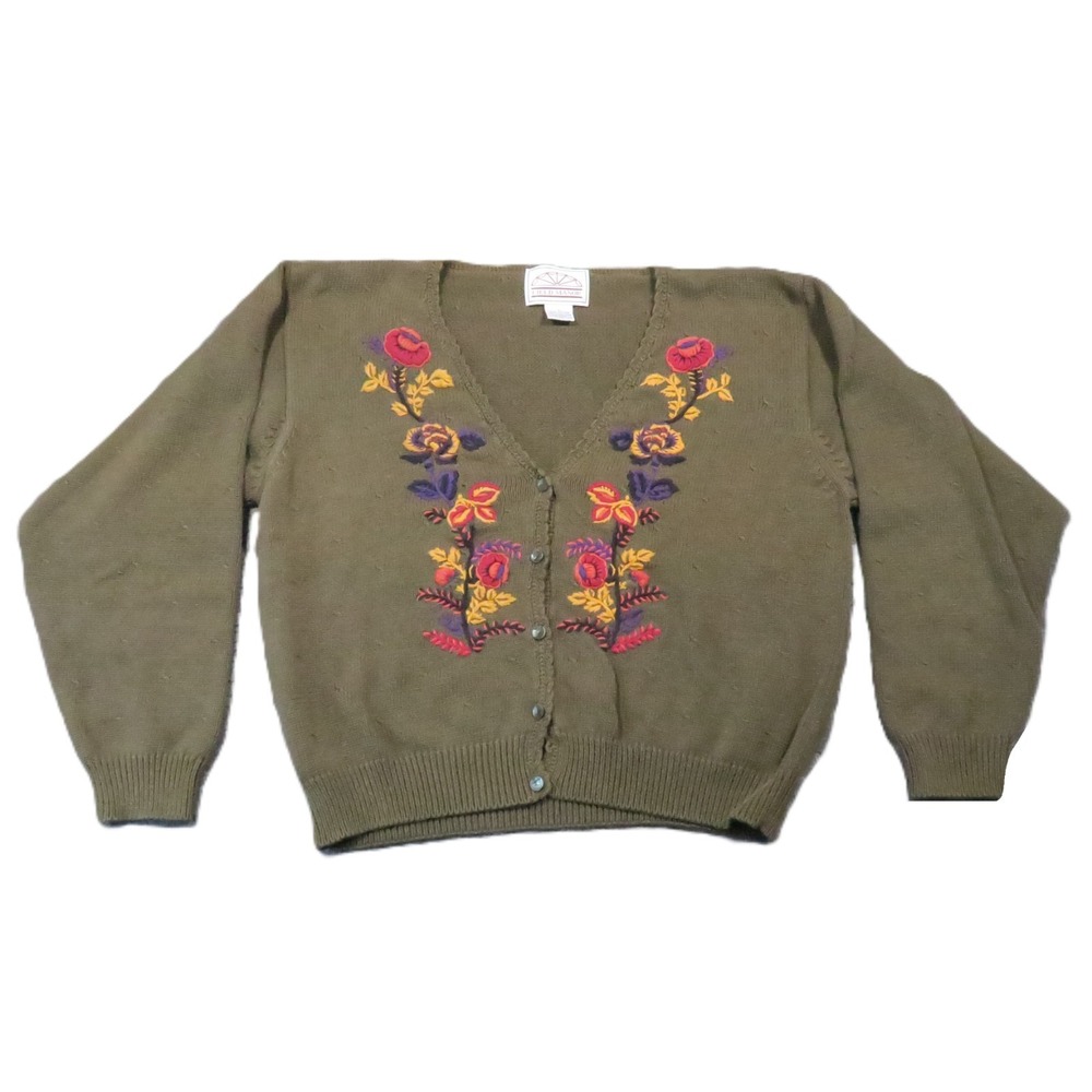 Vintage Embroidered Floral Cardigan L Olive V-Neck Button Autumn 90s Teacher